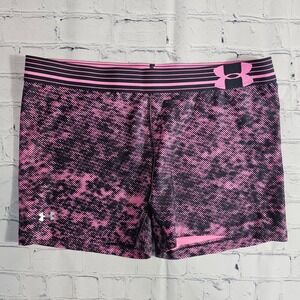 Under Armour HeatGear Compression Shorts Pink Black Glitch Pattern Womens Medium